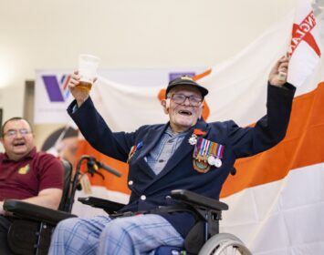 WW2, Normandy landings veteran Len Gibbon, and former Royal Engineer, Steve Boylan, watch the Euro 2021 semi-final fixture between England vs Denmark at Care for Veterans in Worthing, West Sussex.